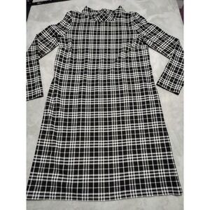 Talbots Flannel Dress Ladies M Black/White Plaid Mock Collar Rear Neck Buttons